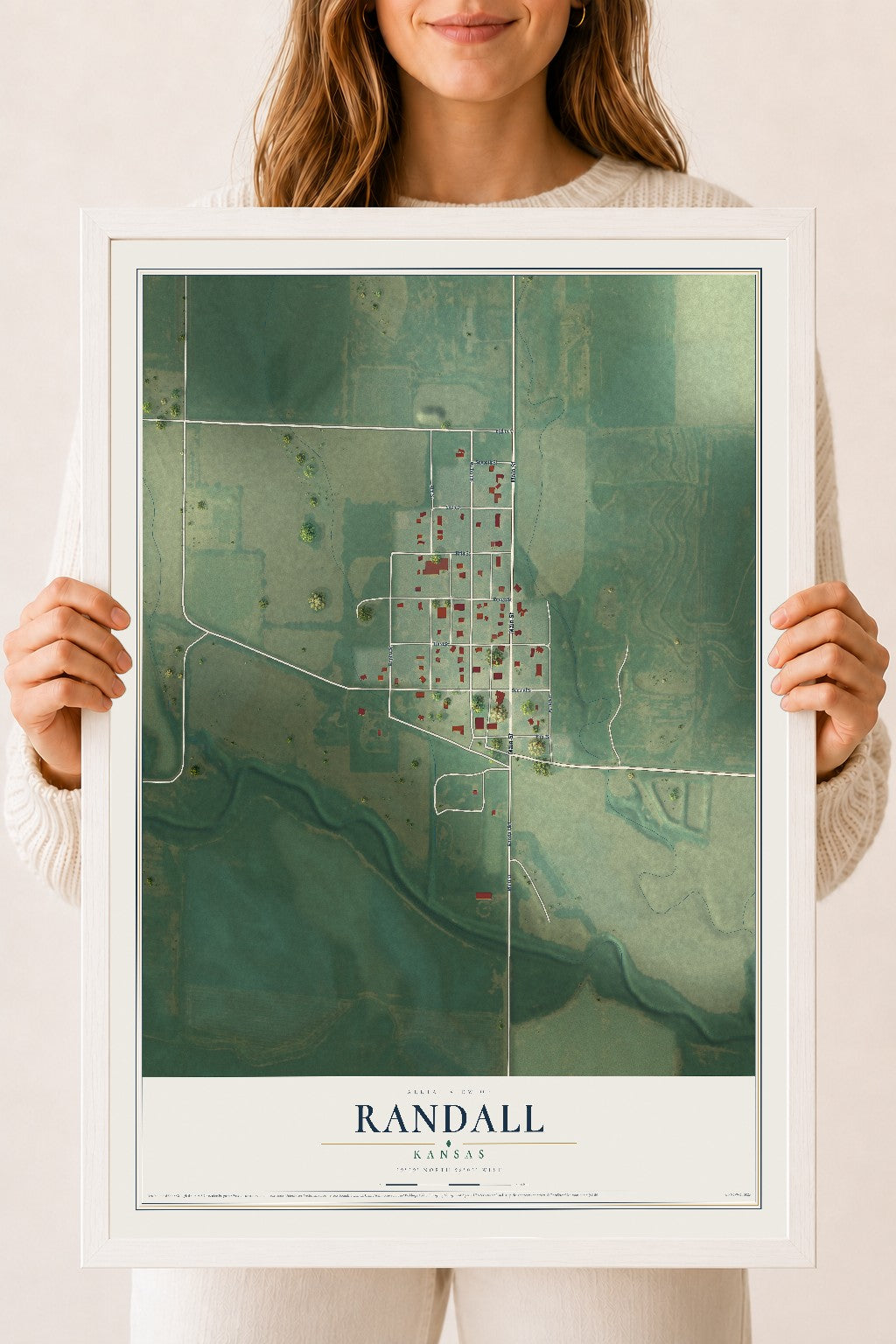 Map of Randall, Kansas, 18 x 24 inch print in a white wood frame