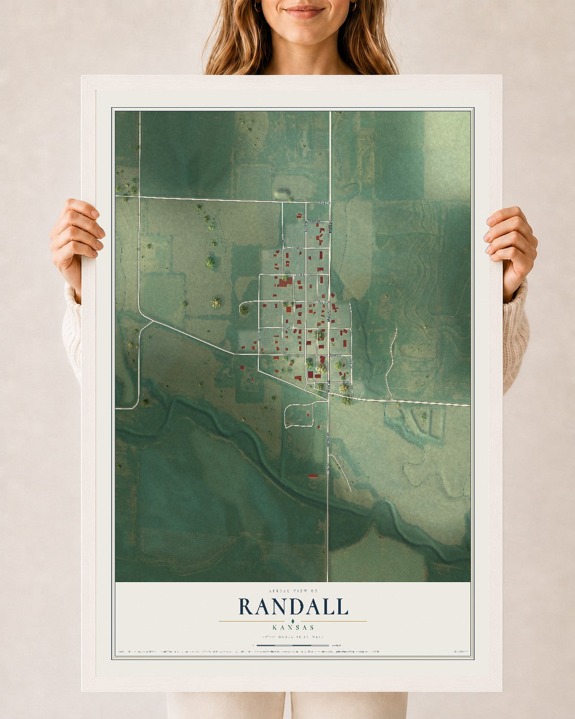 Map of Randall, Kansas, 24 x 36 inch print in a white wood frame