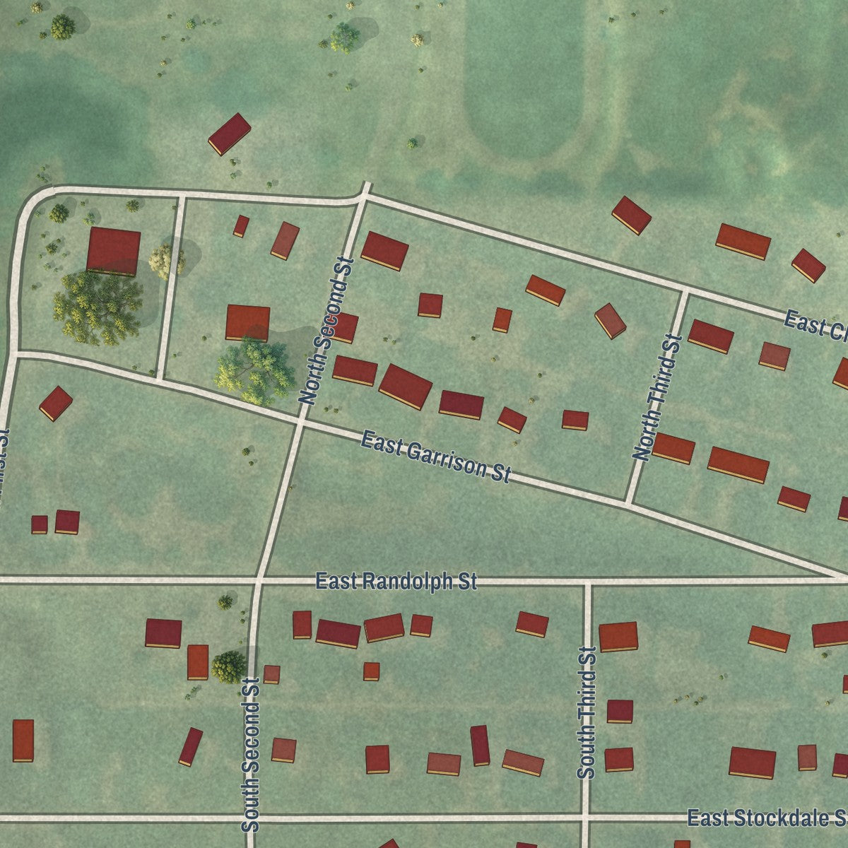 Close-up of the map of Randolph, Kansas print showing street and building detail