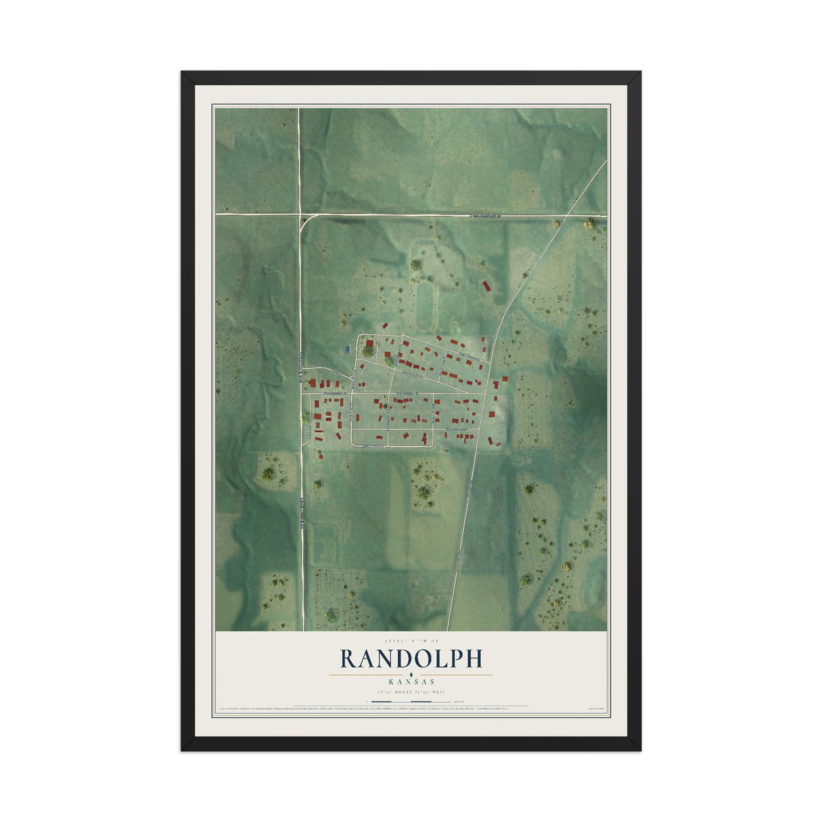 Map of Randolph, Kansas, 12 x 18 inch print in a black wood frame