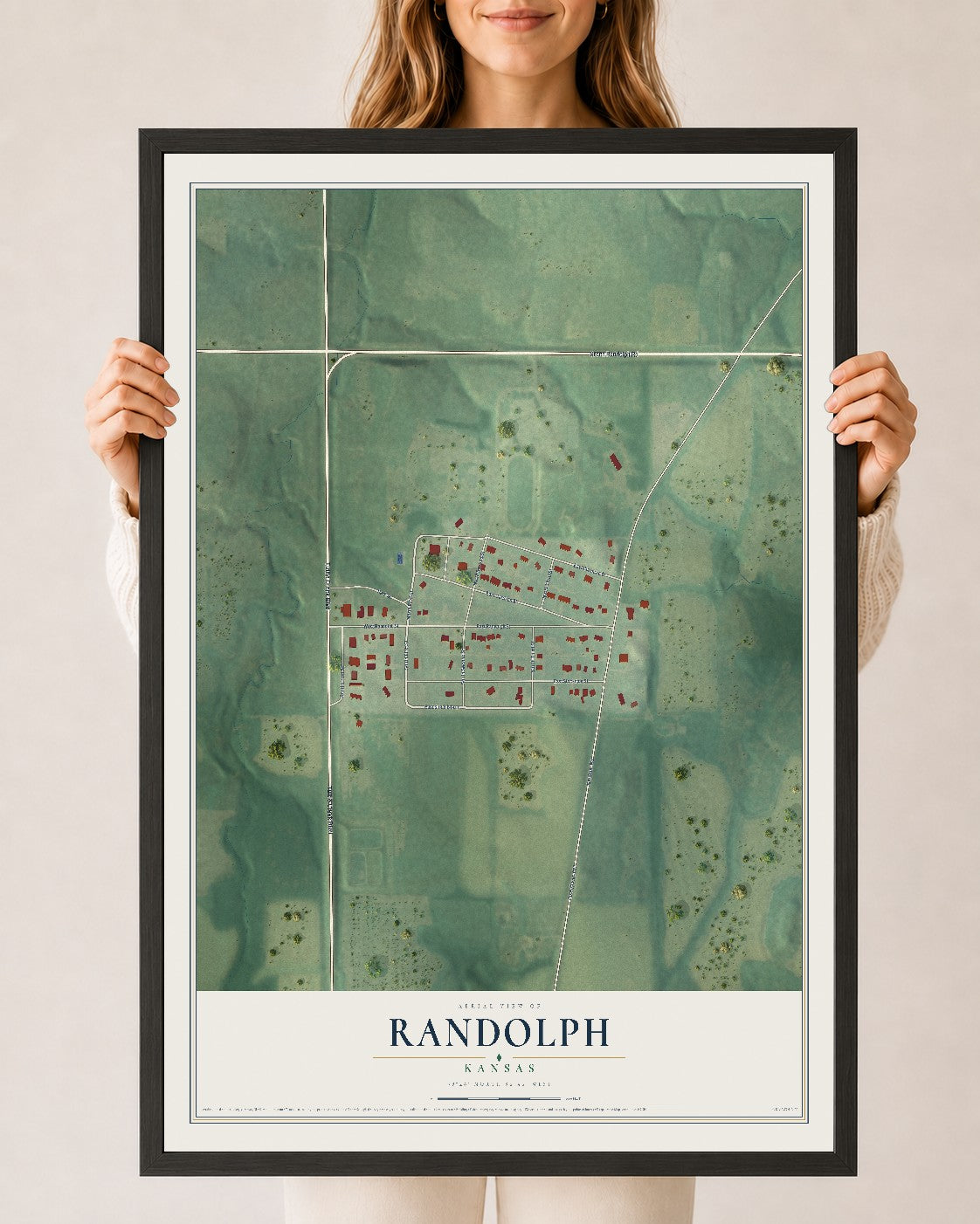 Map of Randolph, Kansas, 24 x 36 inch print in a black wood frame