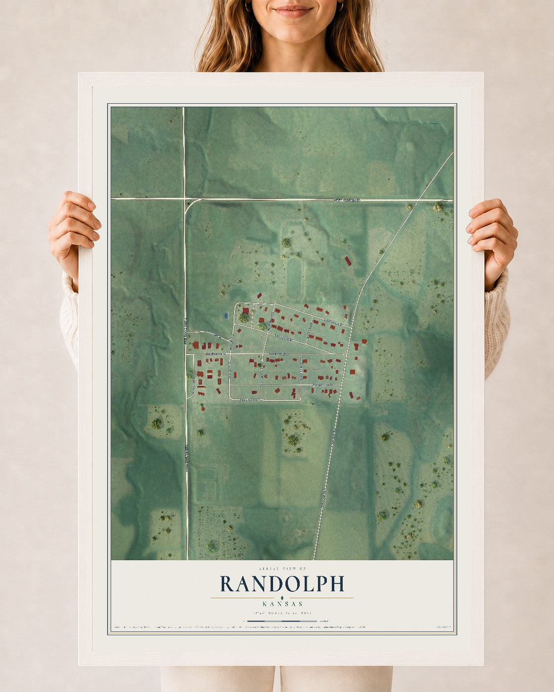 Map of Randolph, Kansas, 24 x 36 inch print in a white wood frame