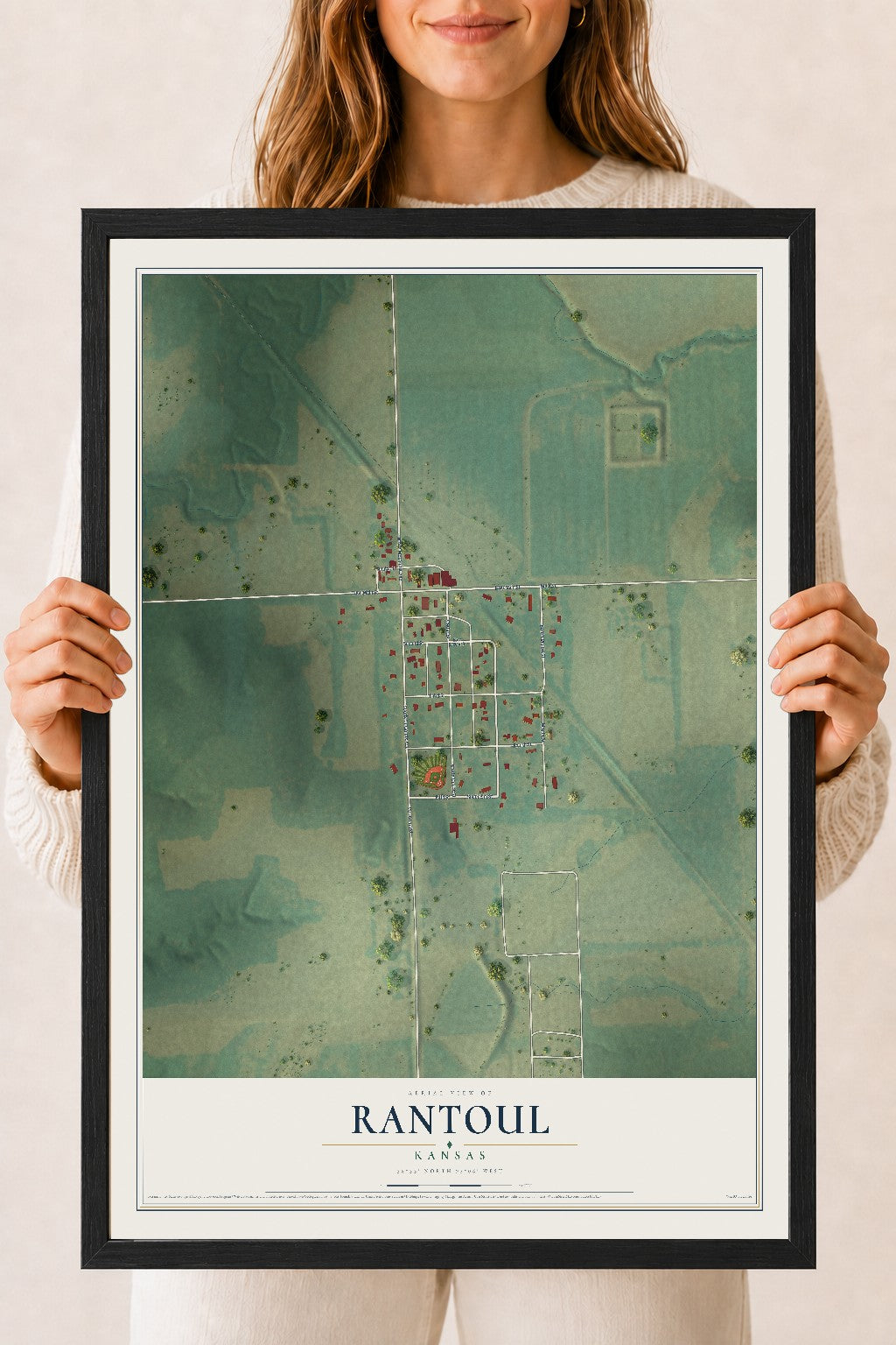 Map of Rantoul, Kansas, 18 x 24 inch print in a black wood frame