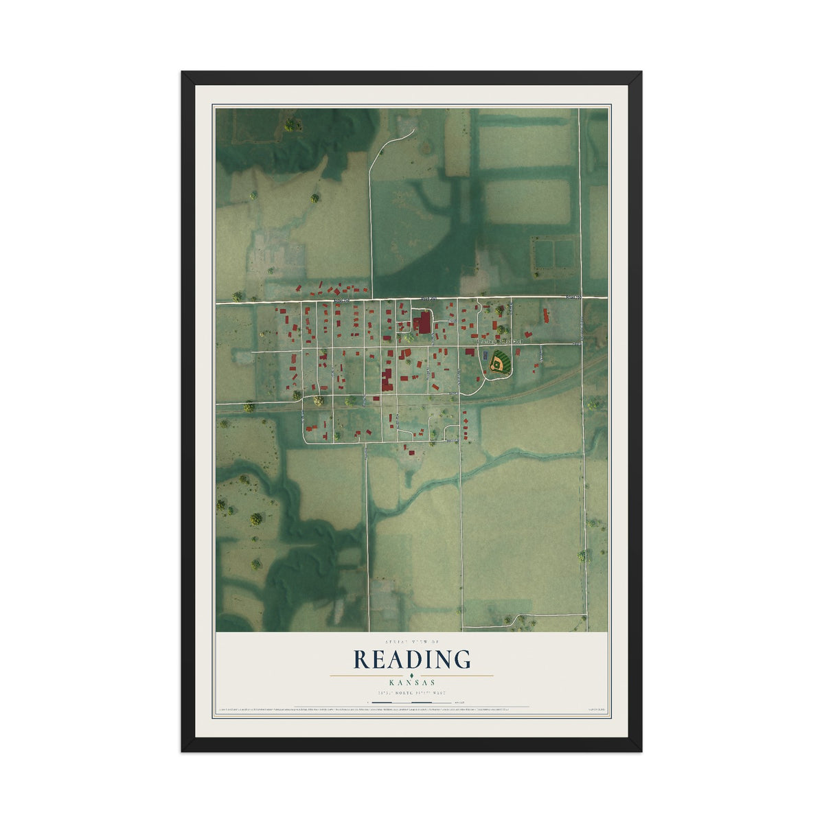 Map of Reading, Kansas, 12 x 18 inch print in a black wood frame