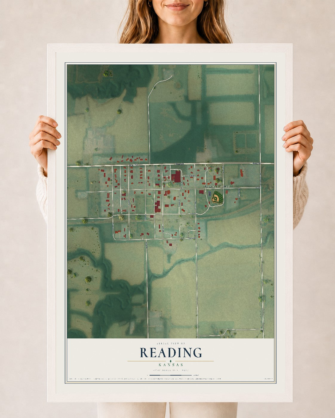 Map of Reading, Kansas, 24 x 36 inch print in a white wood frame