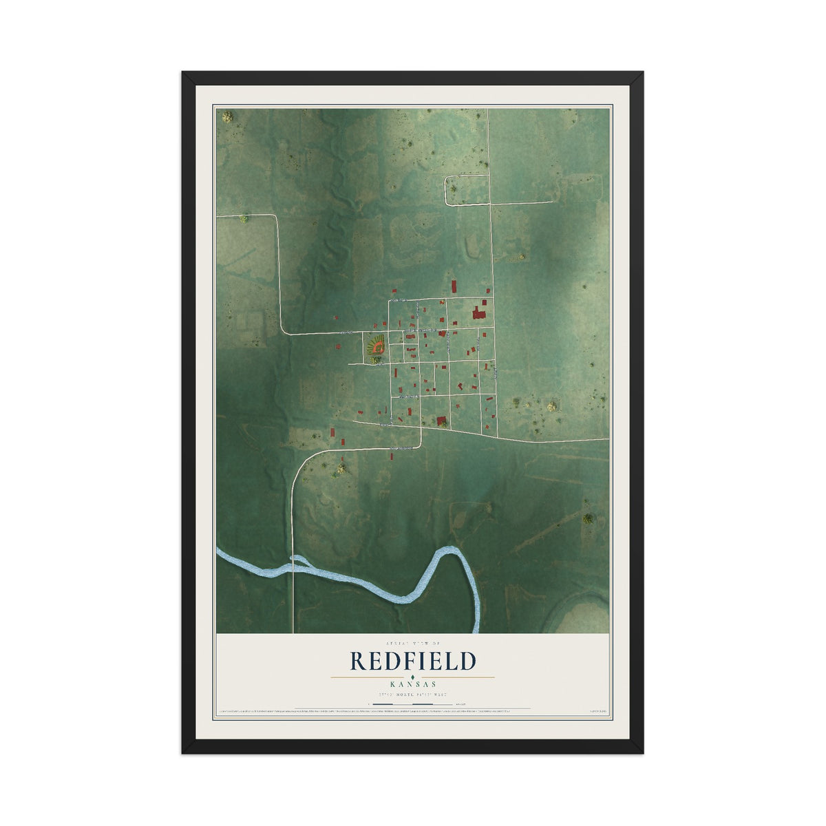 Map of Redfield, Kansas, 12 x 18 inch print in a black wood frame