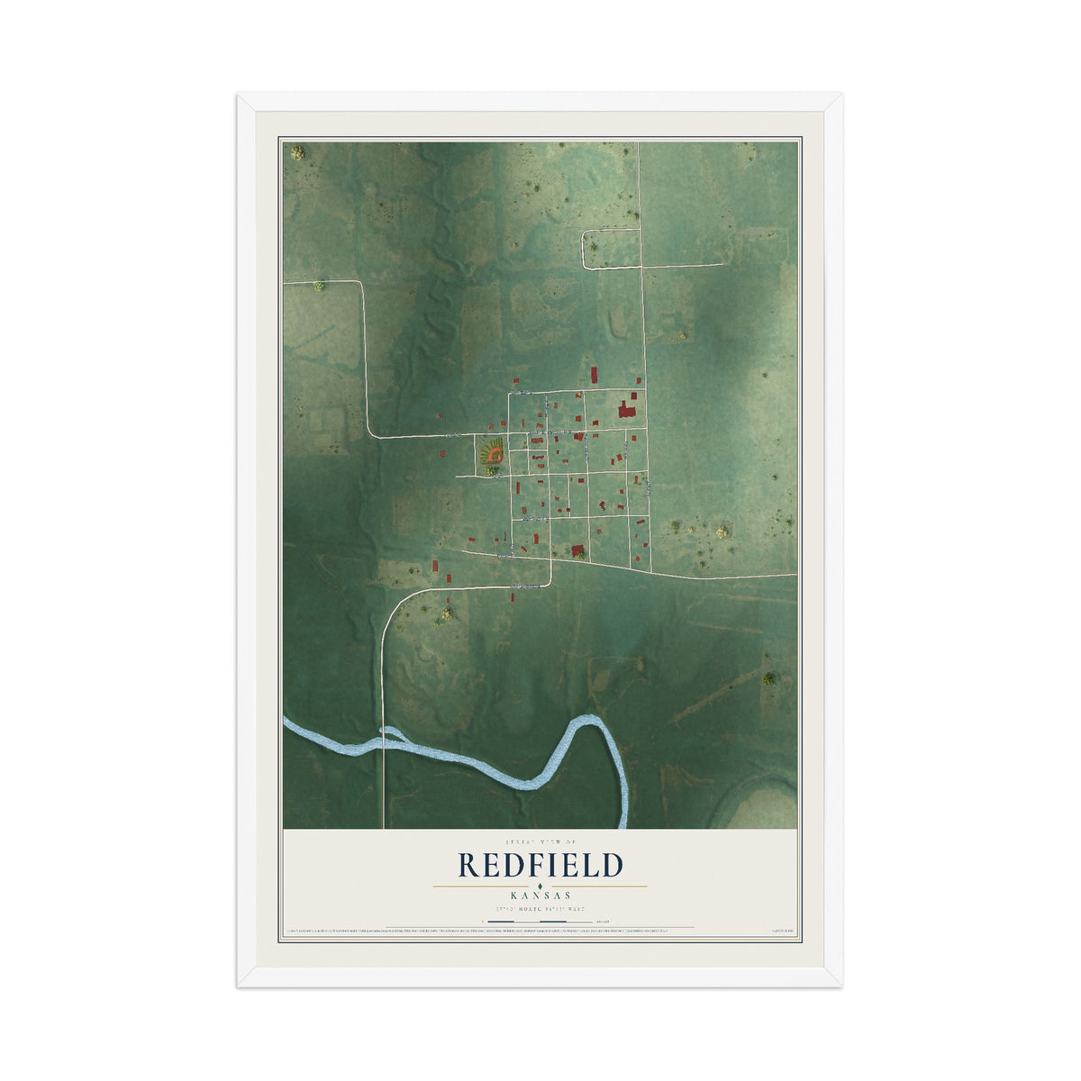 Map of Redfield, Kansas, 12 x 18 inch print in a white wood frame