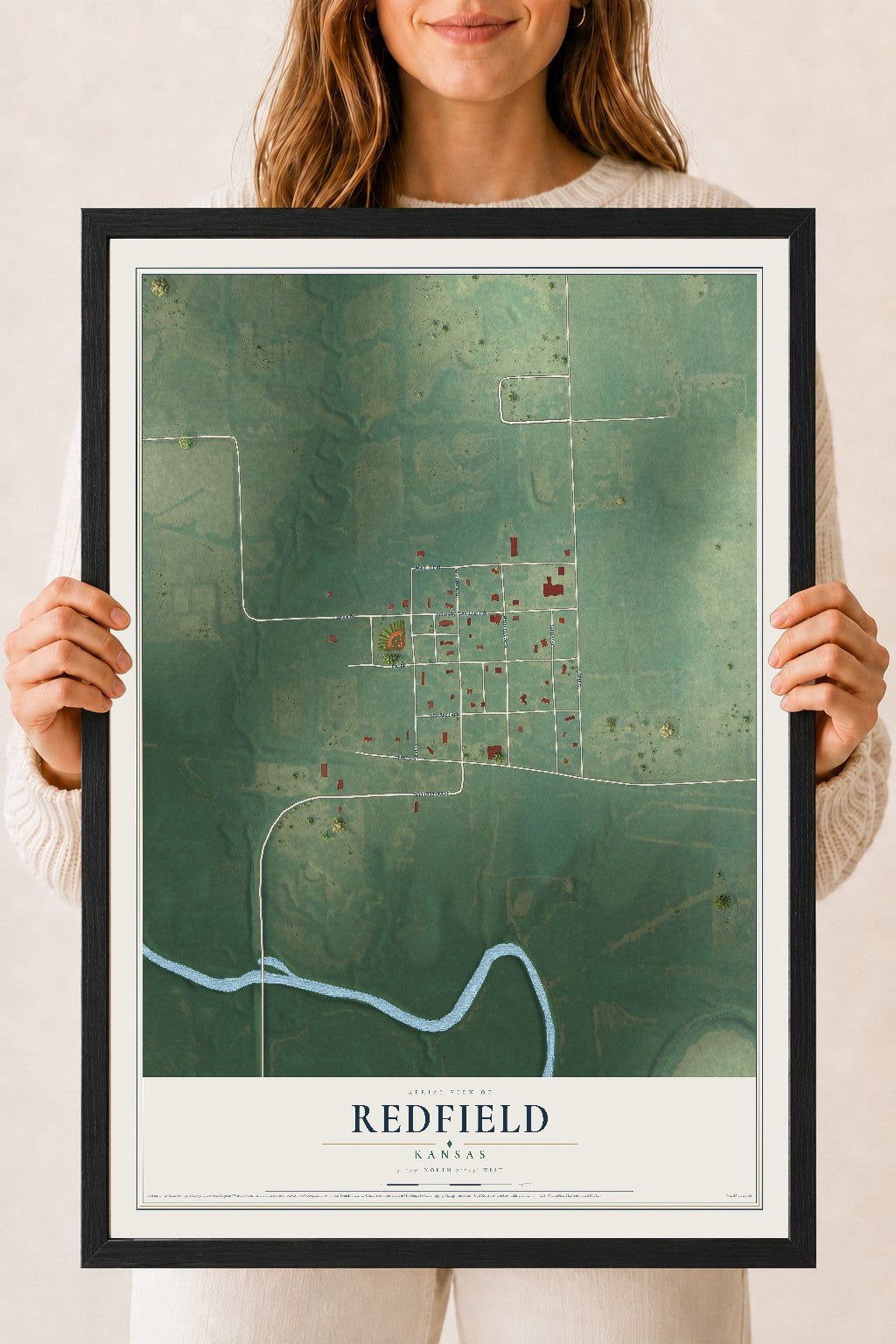 Map of Redfield, Kansas, 18 x 24 inch print in a black wood frame