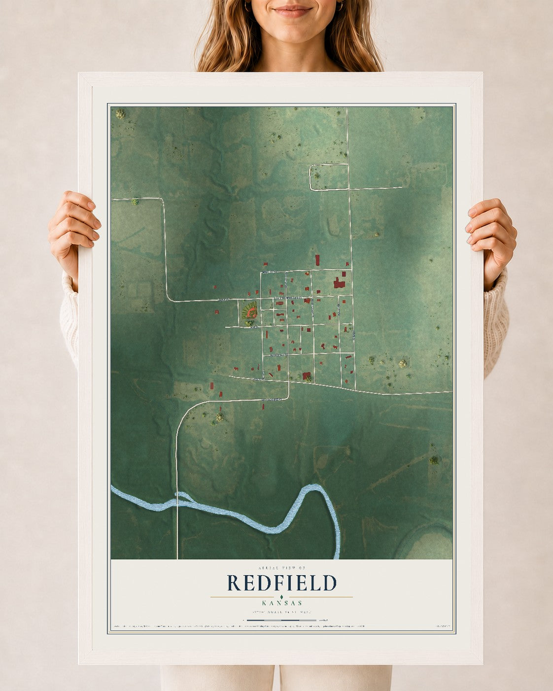 Map of Redfield, Kansas, 24 x 36 inch print in a white wood frame