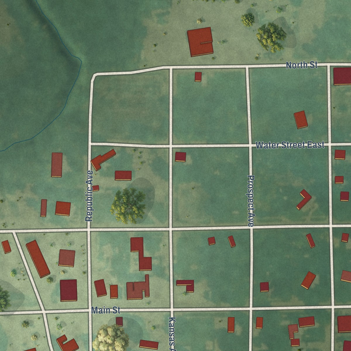 Close-up of the map of Republic, Kansas print showing street and building detail