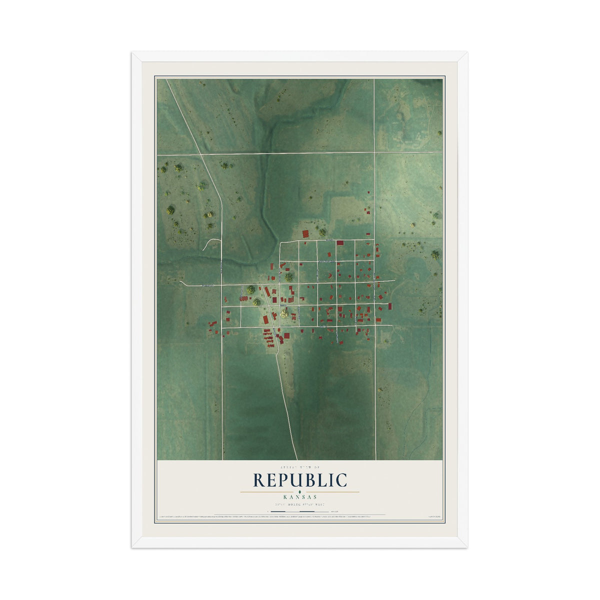 Map of Republic, Kansas, 12 x 18 inch print in a white wood frame