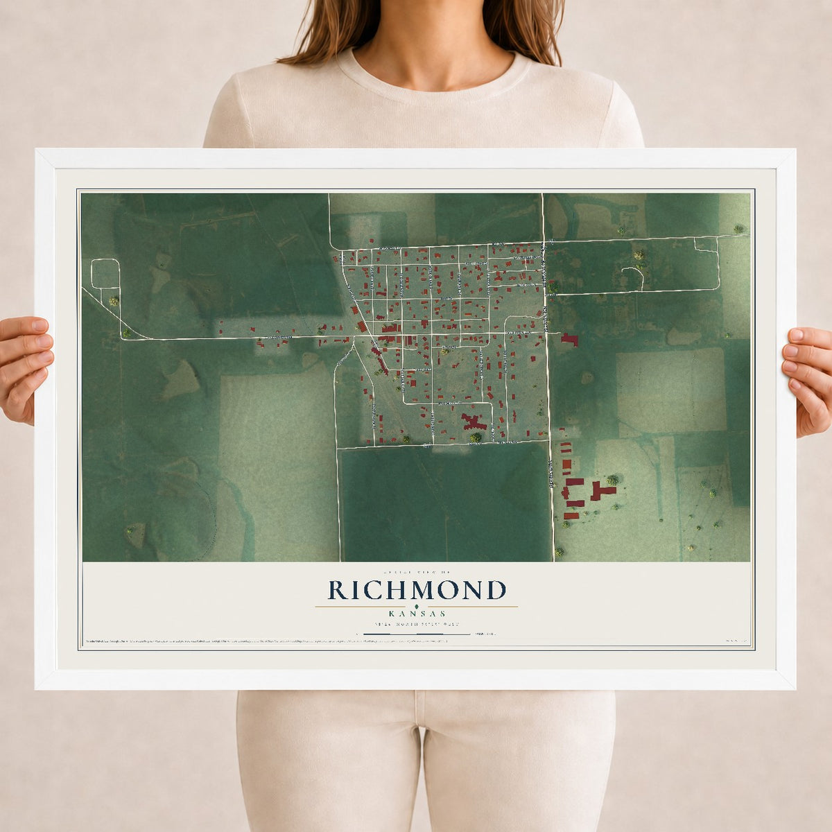 Map of Richmond, Kansas, 18 x 24 inch print in a white wood frame