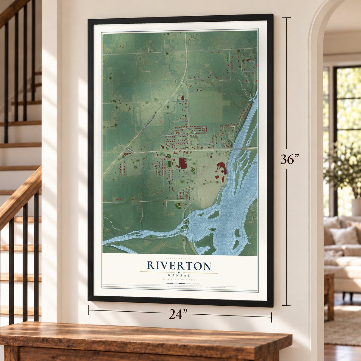 Riverton, Kansas map, 24 x 36 inch print in a black frame by a staircase
