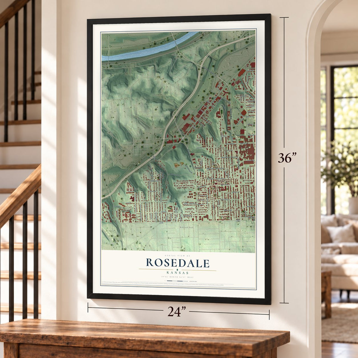 Rosedale, Kansas map, 24 x 36 inch print in a black frame by a staircase