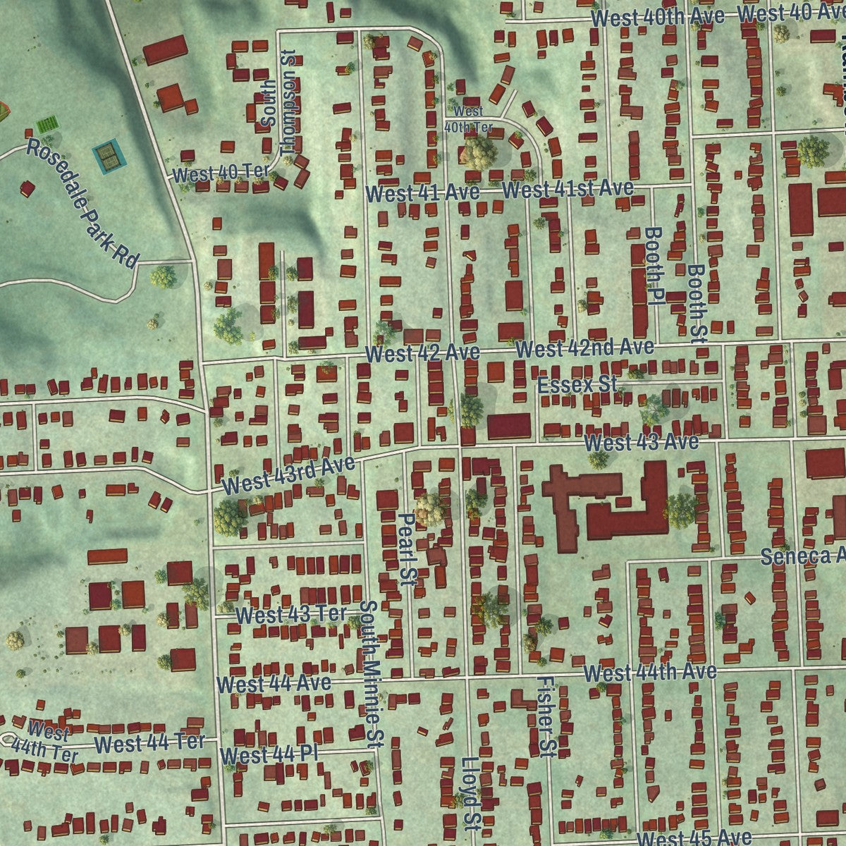 Close-up of the map of Rosedale, Kansas print showing street and building detail