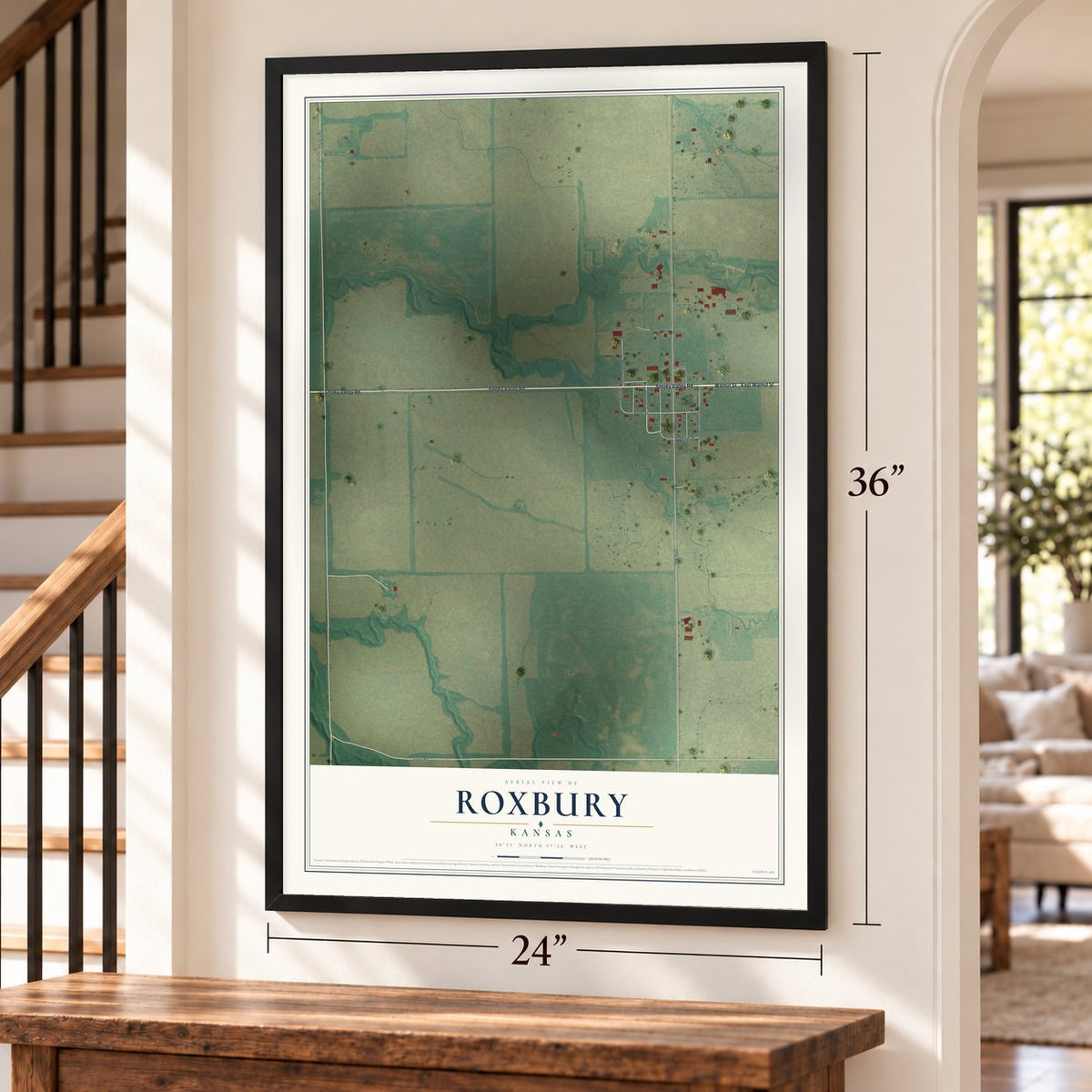 Roxbury, Kansas map, 24 x 36 inch print in a black frame by a staircase