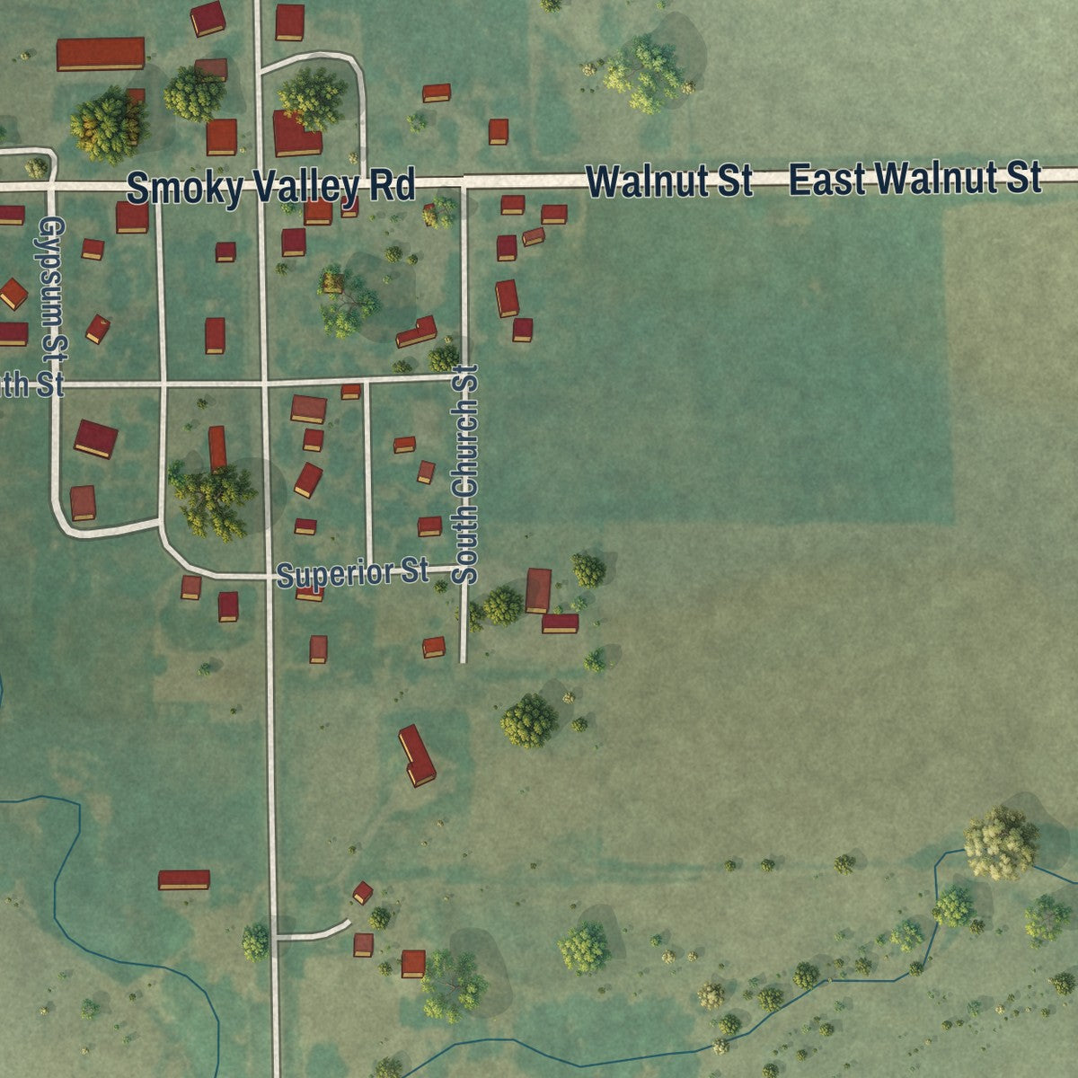 Close-up of the map of Roxbury, Kansas print showing street and building detail