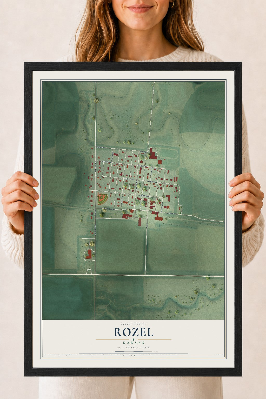 Map of Rozel, Kansas, 18 x 24 inch print in a black wood frame