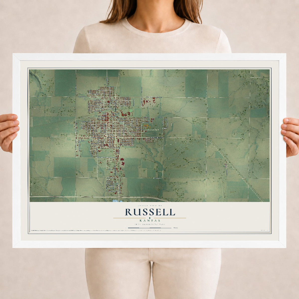Map of Russell, Kansas, 18 x 24 inch print in a white wood frame