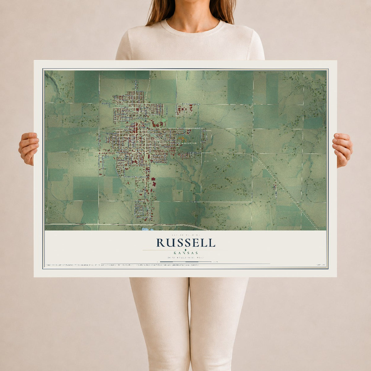 Map of Russell, Kansas, 24 x 36 inch unframed archival matte print