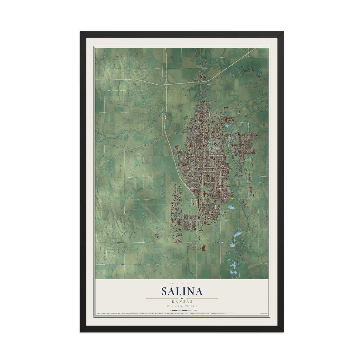 Map of Salina, Kansas, 12 x 18 inch print in a black wood frame