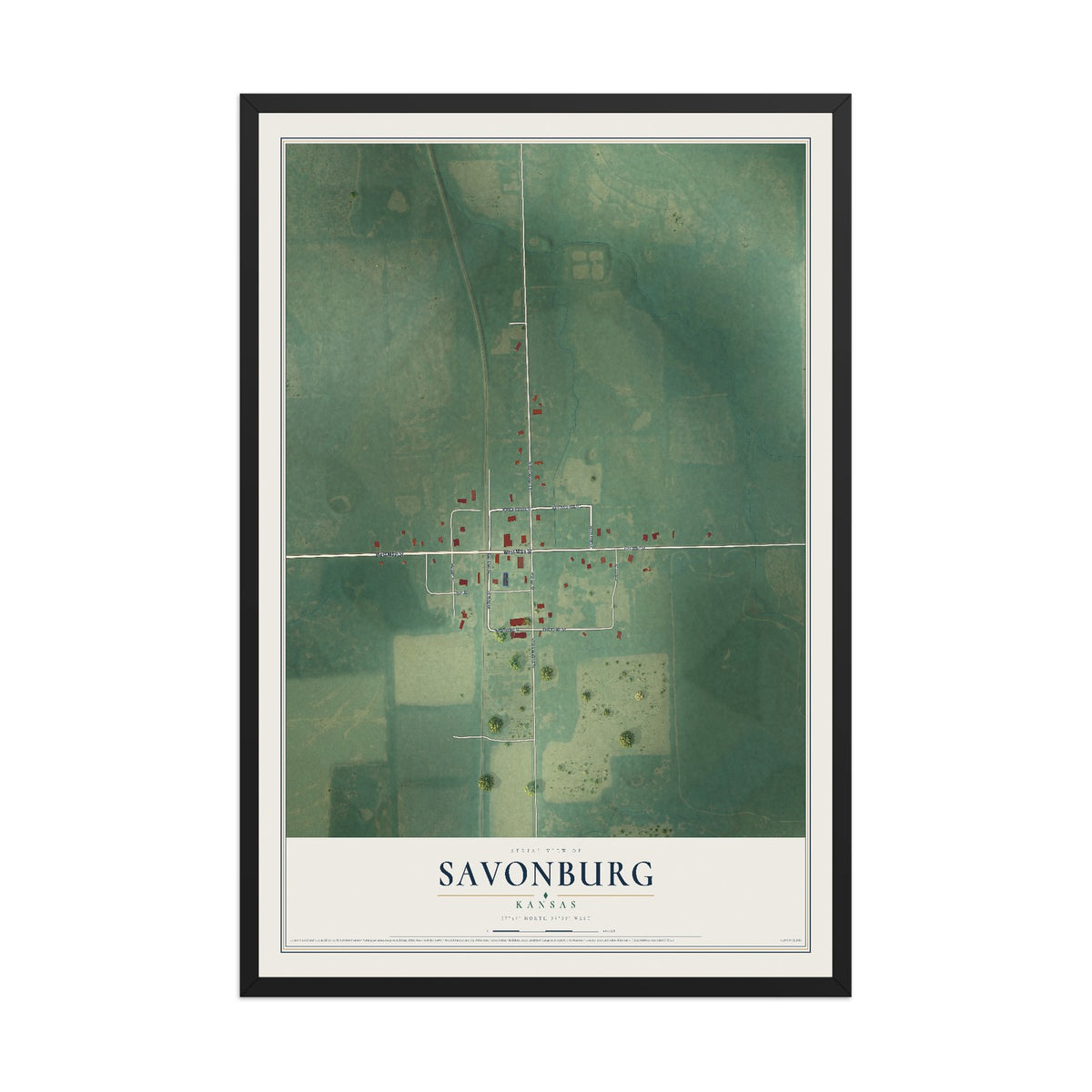 Map of Savonburg, Kansas, 12 x 18 inch print in a black wood frame