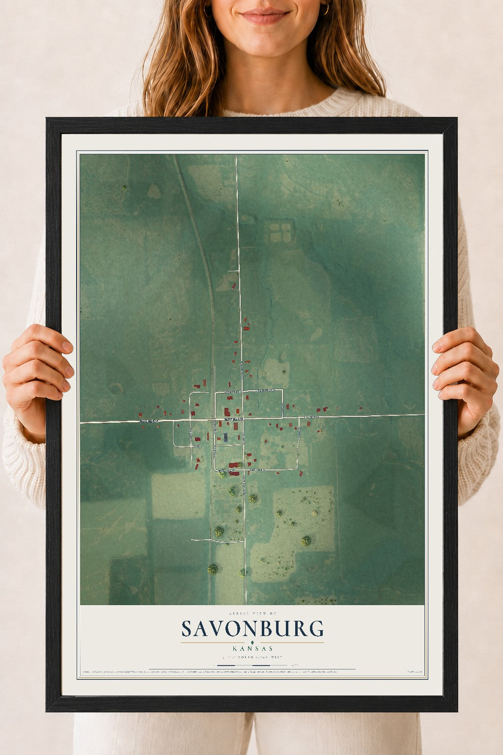 Map of Savonburg, Kansas, 18 x 24 inch print in a black wood frame