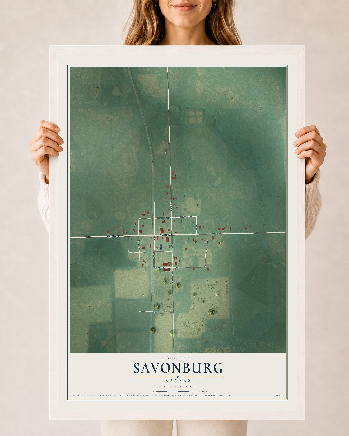 Map of Savonburg, Kansas, 24 x 36 inch print in a white wood frame