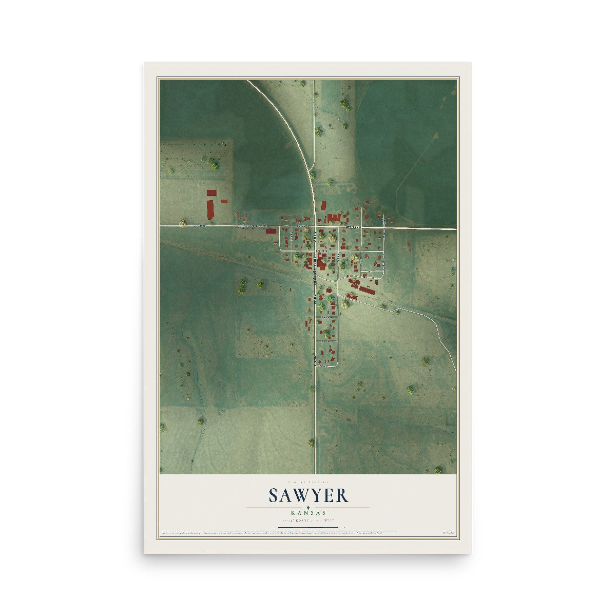 Map of Sawyer, Kansas, 12 x 18 inch unframed archival matte print