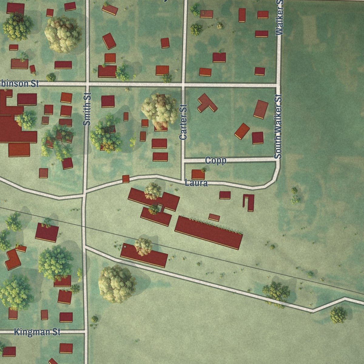 Close-up of the map of Sawyer, Kansas print showing street and building detail