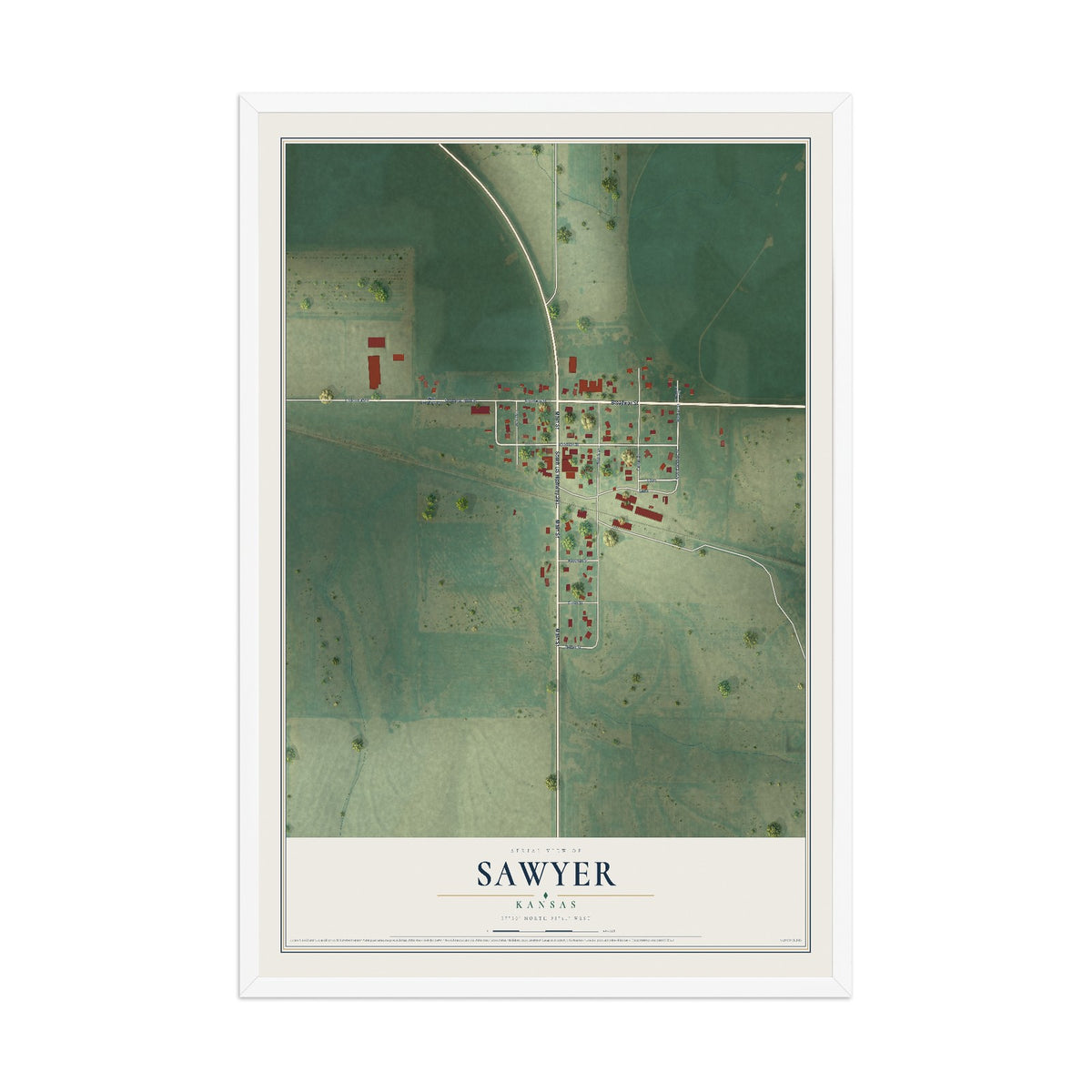 Map of Sawyer, Kansas, 12 x 18 inch print in a white wood frame