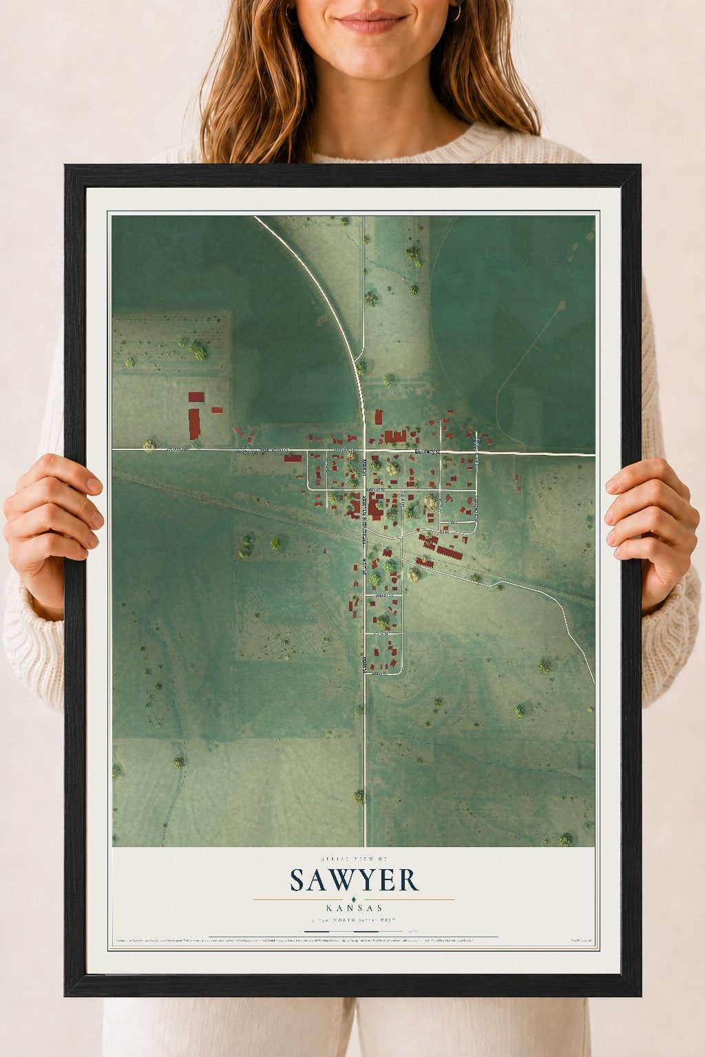 Map of Sawyer, Kansas, 18 x 24 inch print in a black wood frame