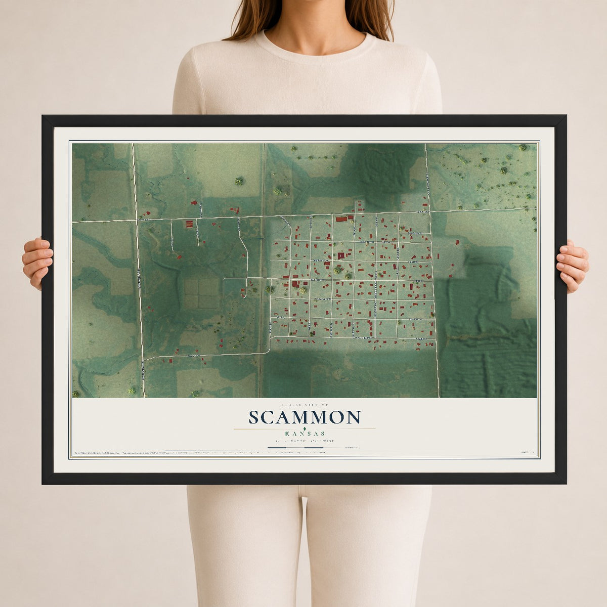 Map of Scammon, Kansas, 24 x 36 inch print in a black wood frame