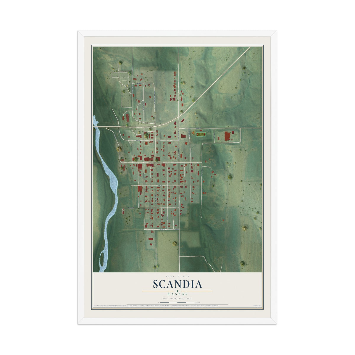 Map of Scandia, Kansas, 12 x 18 inch print in a white wood frame