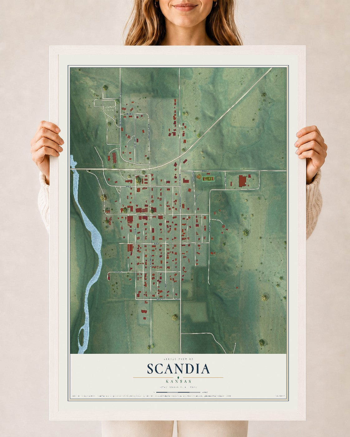Map of Scandia, Kansas, 24 x 36 inch print in a white wood frame