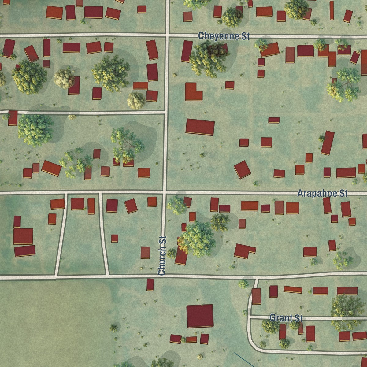 Close-up of the map of Schoenchen, Kansas print showing street and building detail