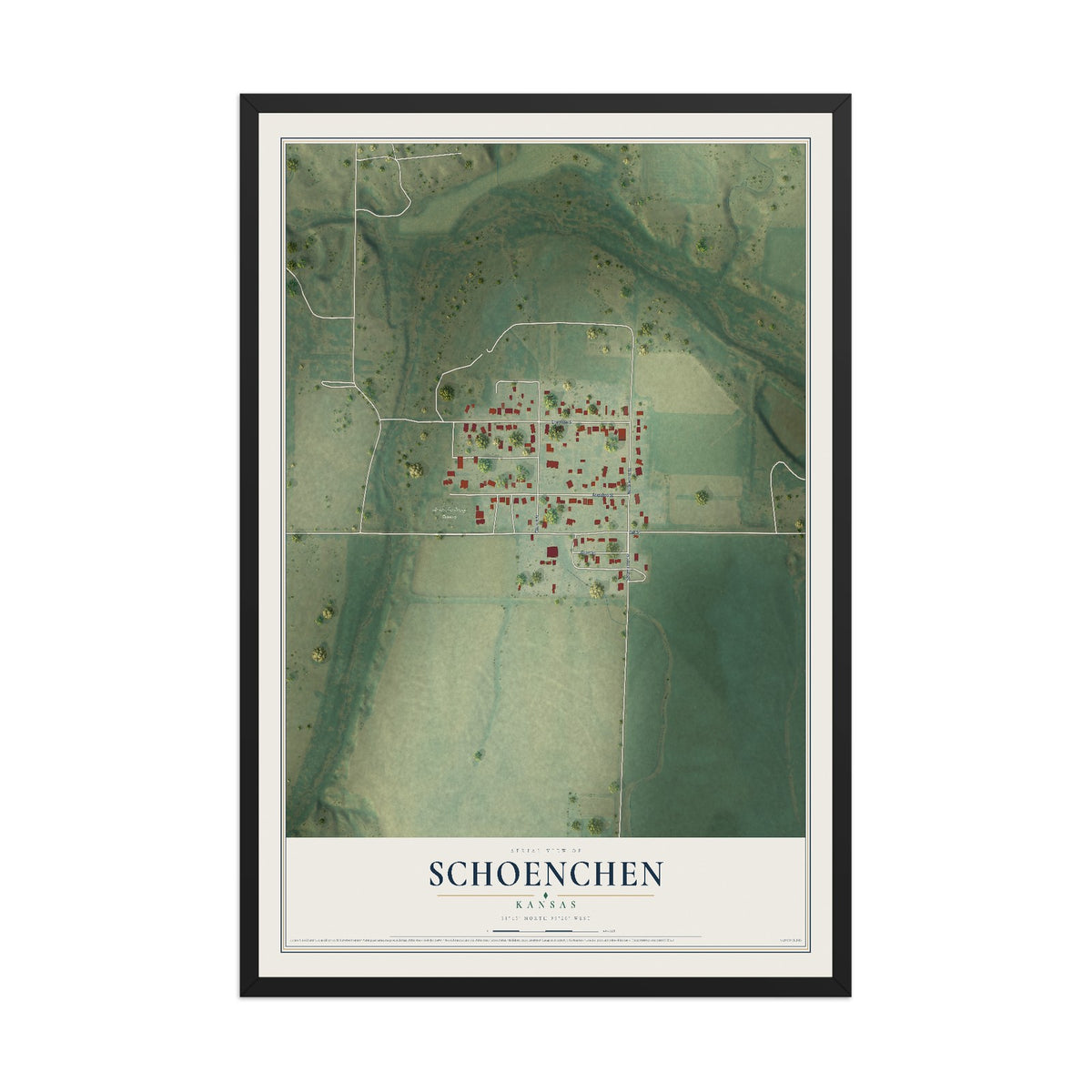 Map of Schoenchen, Kansas, 12 x 18 inch print in a black wood frame