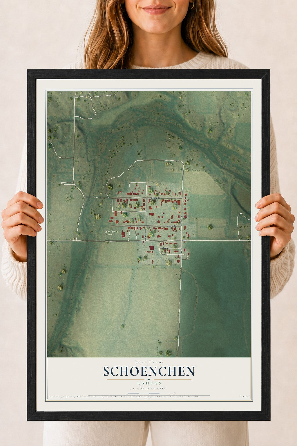 Map of Schoenchen, Kansas, 18 x 24 inch print in a black wood frame
