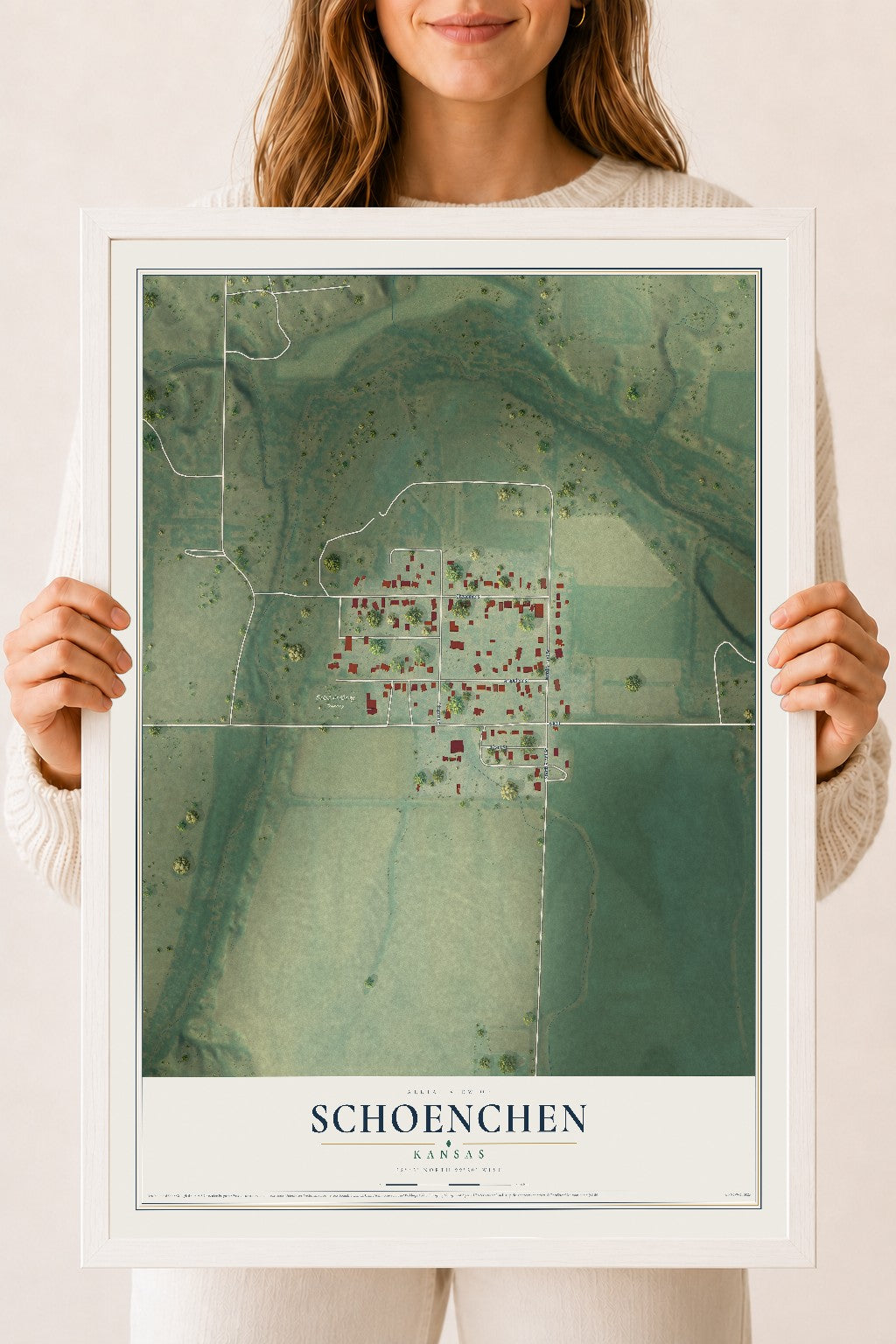 Map of Schoenchen, Kansas, 18 x 24 inch print in a white wood frame