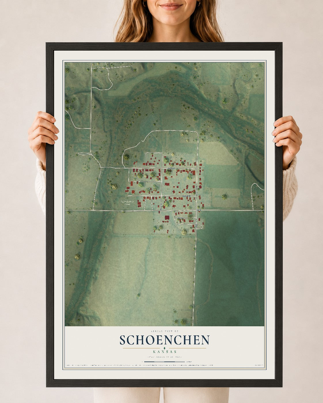 Map of Schoenchen, Kansas, 24 x 36 inch print in a black wood frame