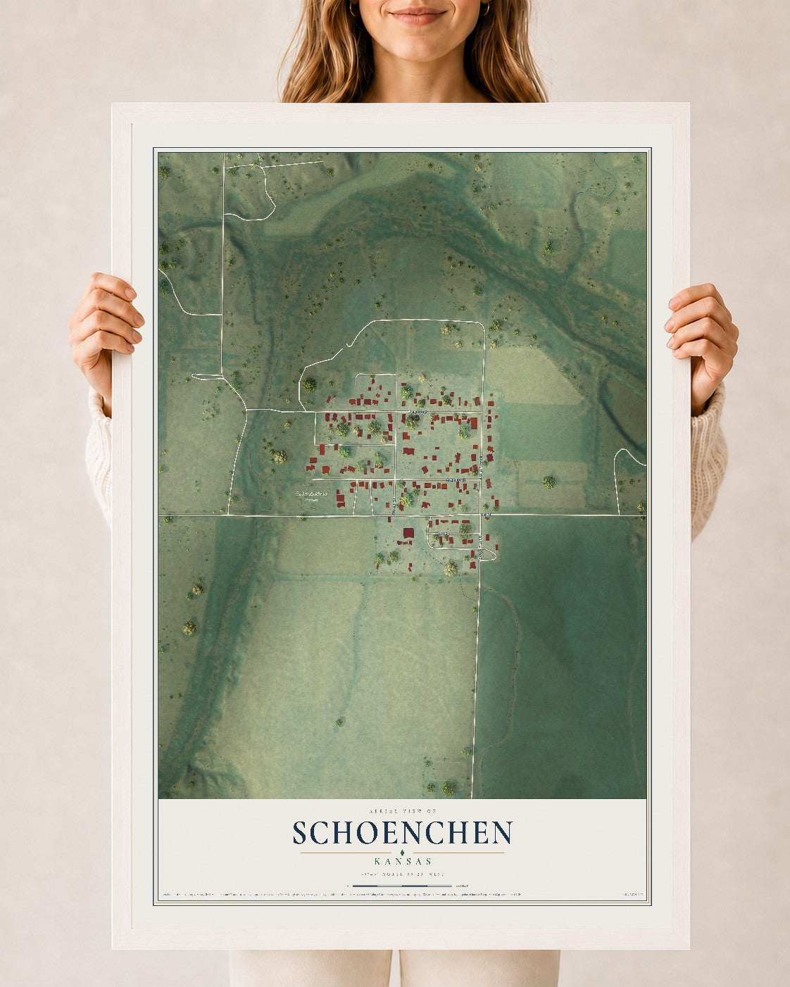 Map of Schoenchen, Kansas, 24 x 36 inch print in a white wood frame