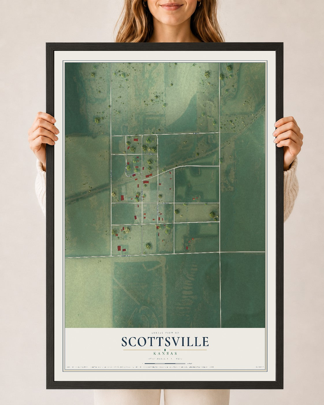 Map of Scottsville, Kansas, 24 x 36 inch print in a black wood frame