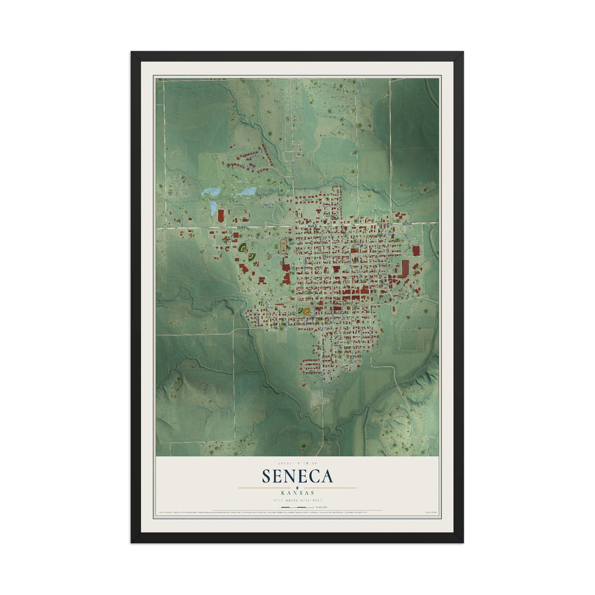 Map of Seneca, Kansas, 12 x 18 inch print in a black wood frame