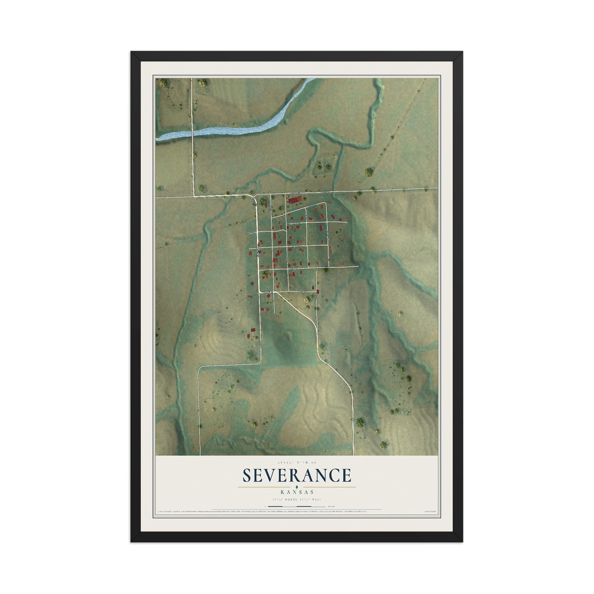 Map of Severance, Kansas, 12 x 18 inch print in a black wood frame