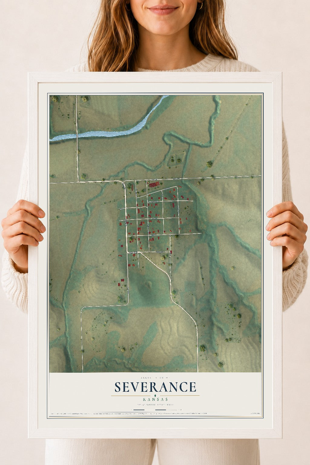 Map of Severance, Kansas, 18 x 24 inch print in a white wood frame