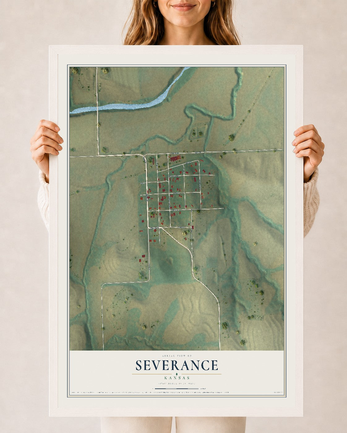 Map of Severance, Kansas, 24 x 36 inch print in a white wood frame