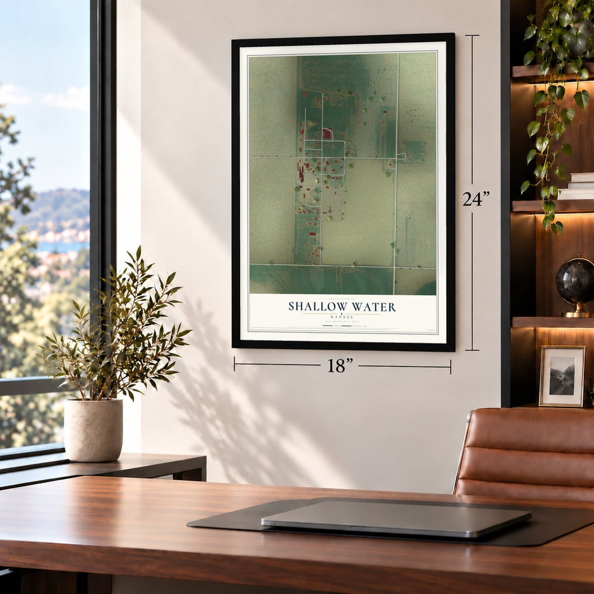 Shallow Water, Kansas map, 18 x 24 inch print in a black frame in a home office