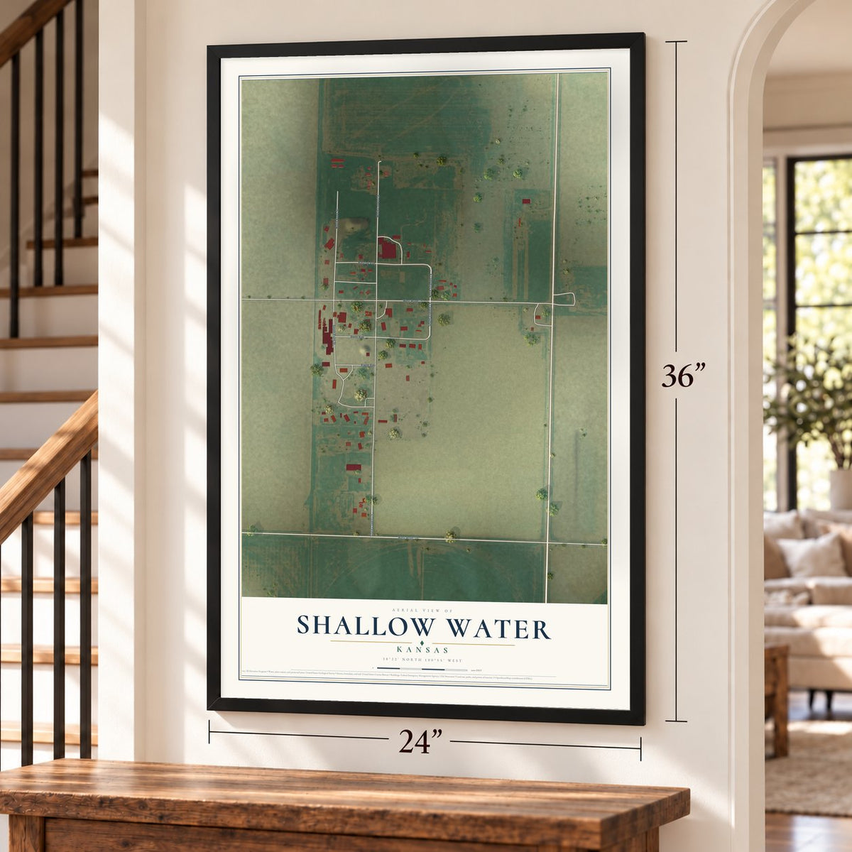 Shallow Water, Kansas map, 24 x 36 inch print in a black frame by a staircase
