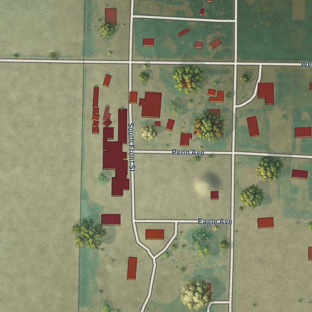 Close-up of the map of Shallow Water, Kansas print showing street and building detail