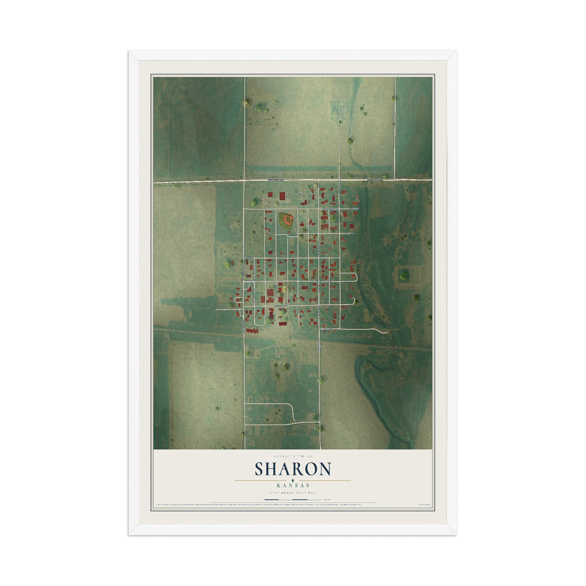 Map of Sharon, Kansas, 12 x 18 inch print in a white wood frame